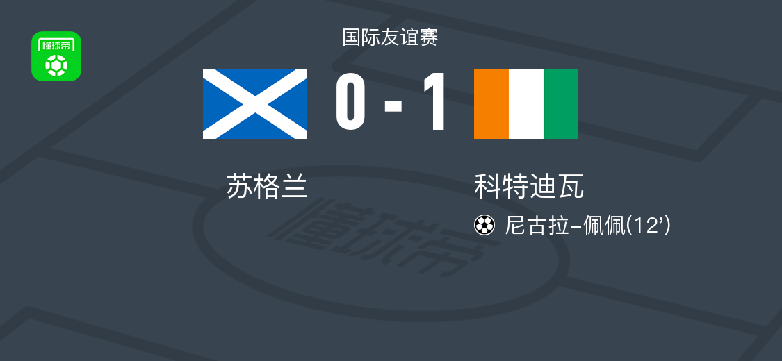开云团队-科特迪瓦1-0苏格兰，尼古拉-佩佩打进全场唯一进球